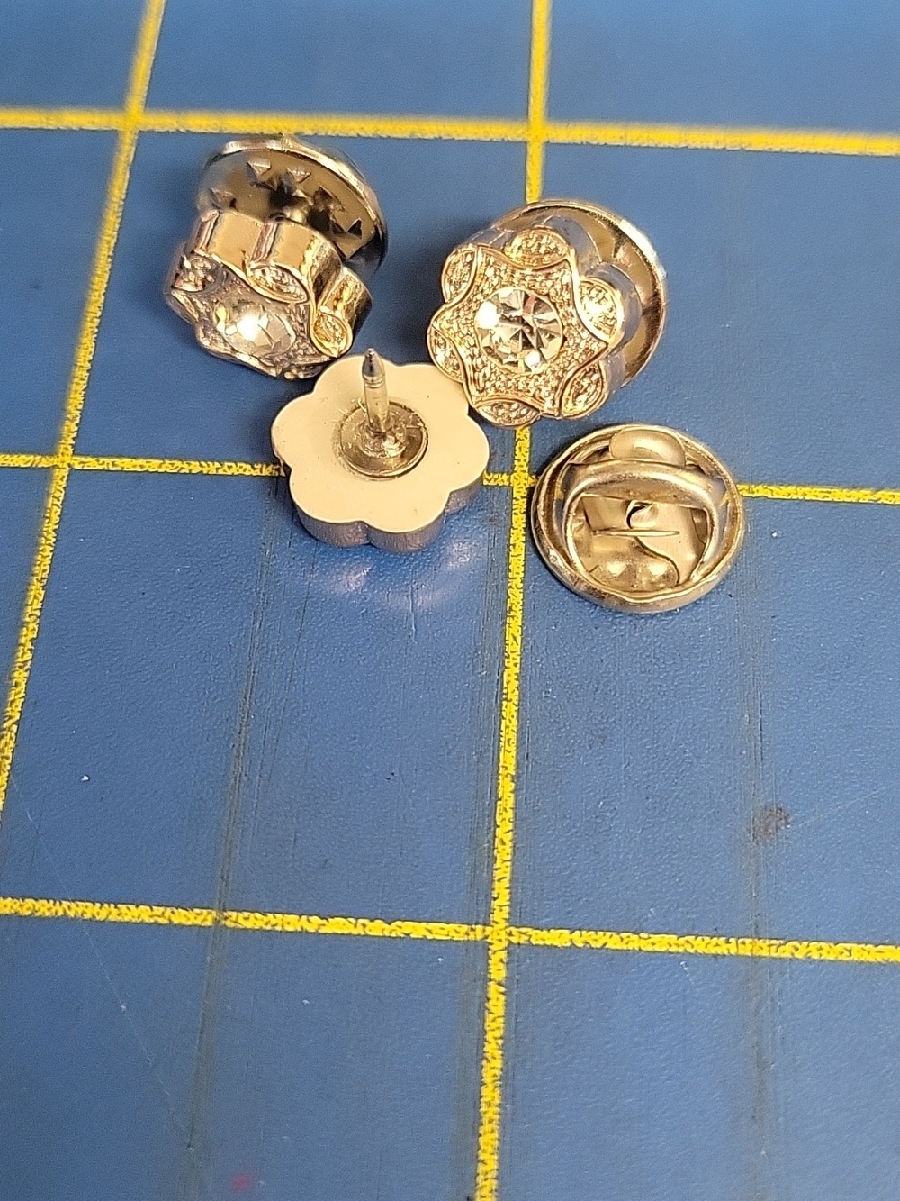 Rhinestone Faux Circle Tack 0.25" Pin Gold Tone New Set of 2 (#7)